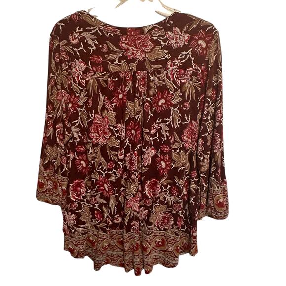 Lucky Brand Floral Border Top Womens Size 1X Burgundy V-Neck Peasant Boho Knit - Picture 4 of 7